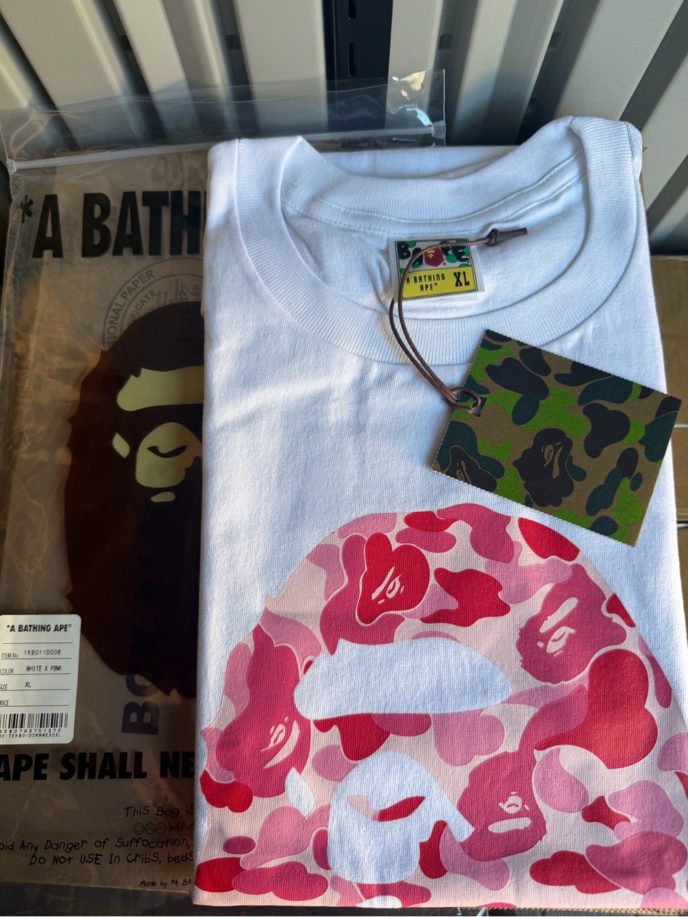 Bape pink camo ape head white tee XL